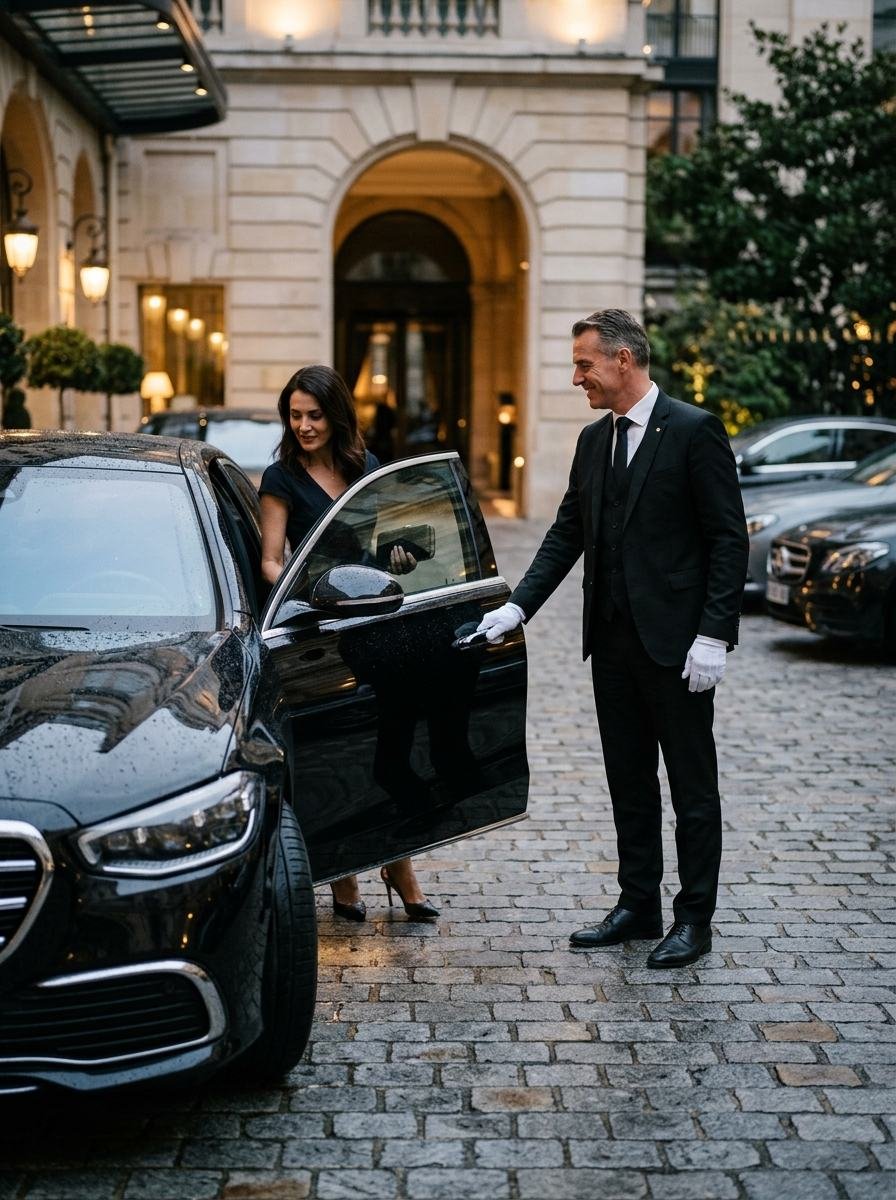 Chauffeur in a suit opening the door of a black car