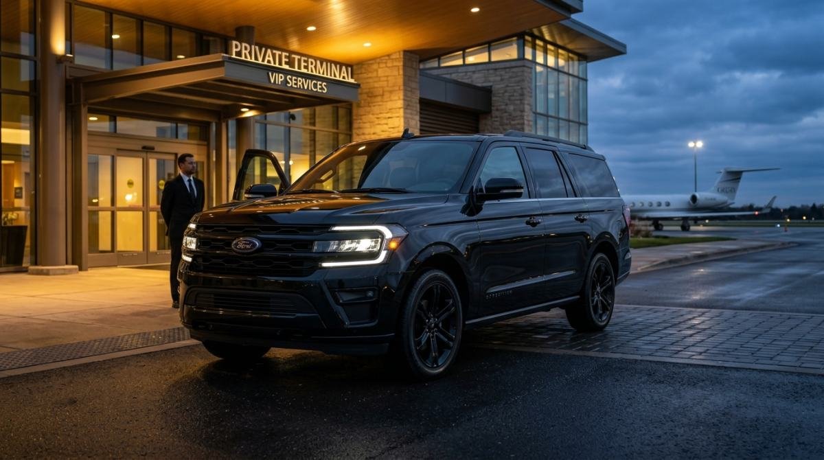 Black SUV waiting in front of an airport terminal